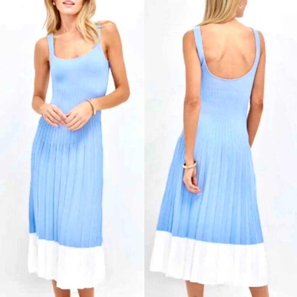 🌺🎉HP🎉🌺 NWT Staud Ellison Pleated Midi Dress Blue White 🌟Rare🌟 - Picture 8 of 15